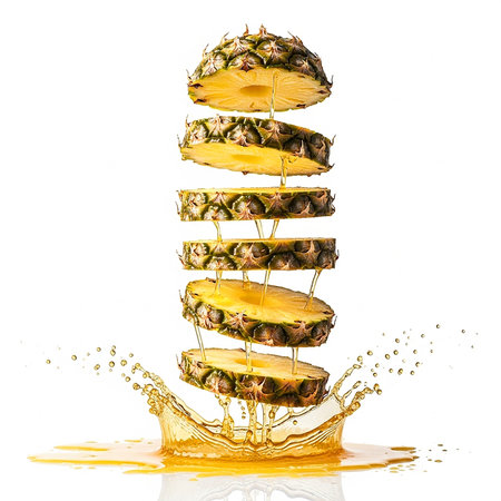 Pineapple fruit with juice splash isolated on a white background.の素材