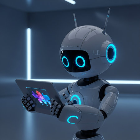 Robot with tablet computer. 3d render. Technology concept.の素材