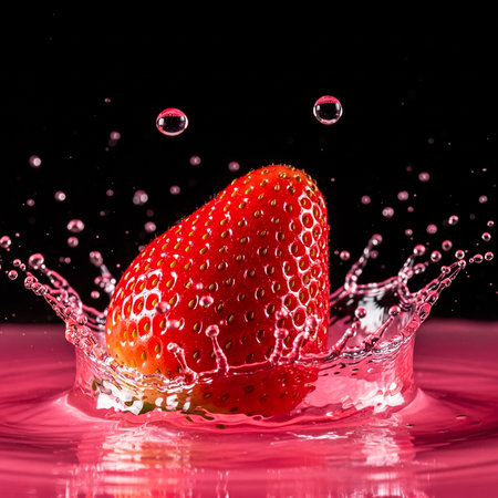 Strawberry dropped into water with splash and drops on black backgroundの素材
