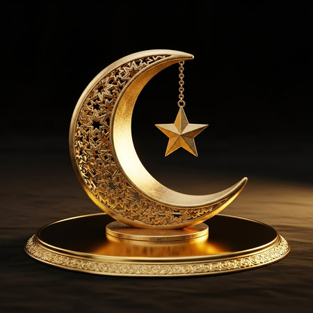 Golden crescent moon with star on black background. 3d illustrationの素材