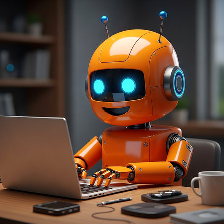 3d rendering orange robot working with laptop at office desk in eveningの素材