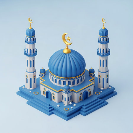 islamic mosque building on blue background, isometric 3d renderの素材
