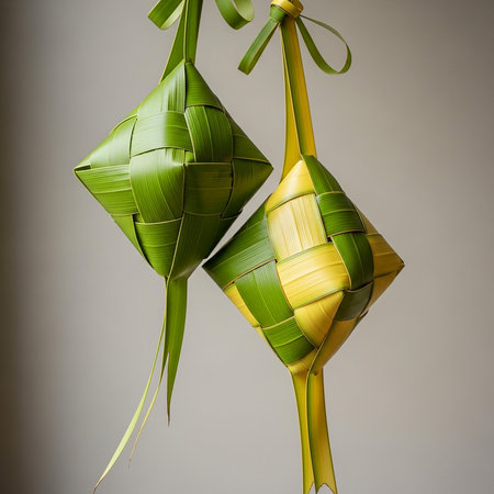 Ketupat or Ketupat is a sticky rice dumpling made from glutinous rice flour wrapped in banana leavesの素材