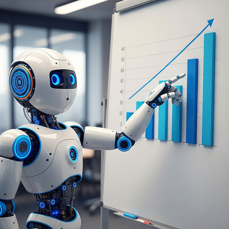 3d rendering humanoid robot working on a whiteboard with a graphの素材