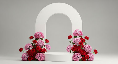 3d render of white round podium with pink roses and arch.の素材