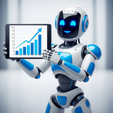 Robot holding a tablet with graph on the screen. 3d illustration.の素材