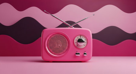 Pink retro radio with antenna on pink background. 3d illustration.の素材