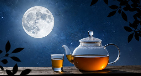 Teapot and cup of tea on wooden table. Mixed mediaの素材