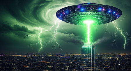 UFO abducting city. Mixed media. Mixed media. Mixed mediaの素材