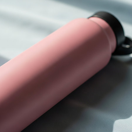 Pink sport bottle on a gray background. Shallow depth of field.の素材
