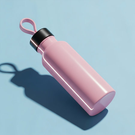 Pink sport bottle on pastel blue background with shadow. 3D renderingの素材