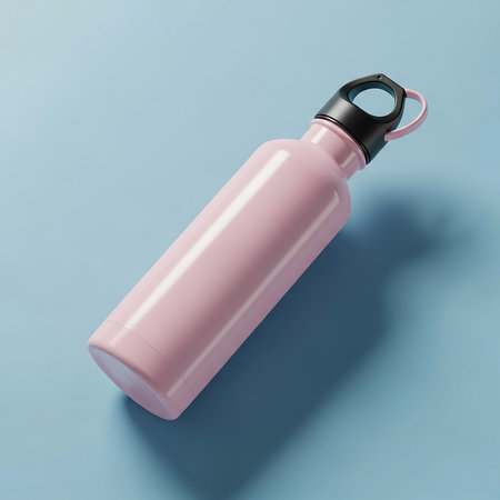 Pink plastic water bottle on blue background. 3d render illustration.の素材