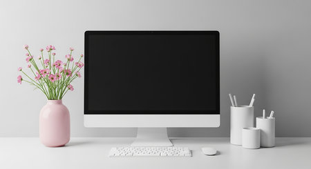 Modern desktop computer with blank screen, stationery and flowers in pink vase. Mockup, 3D Renderingの素材
