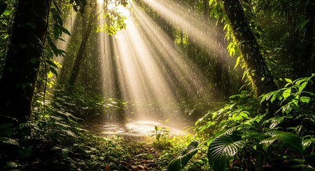 Sunlight rays in the rainforest of Doi Inthanon National Park, Chiang Mai, Thailandの素材