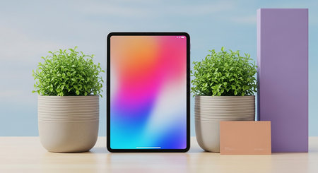 Smartphone with colorful screen and plant in pot on wooden table.の素材