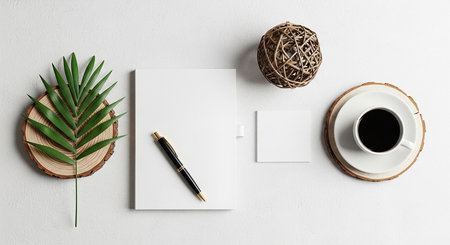 Creative flat lay top view mockup of workspace desk with coffee cup, stationery and palm leaf on white background. Template for branding identity.の素材