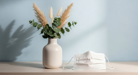 Vase with eucalyptus branches and medical mask on tableの素材