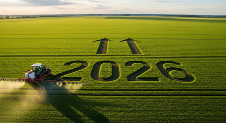 Aerial view of the tractor spraying the chemicals on the large green fieldの素材
