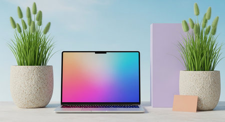 Laptop with blank screen on table in office. Mockup, 3D Renderingの素材