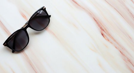 Sunglasses in black frame on white marble background. Selective focus.の素材