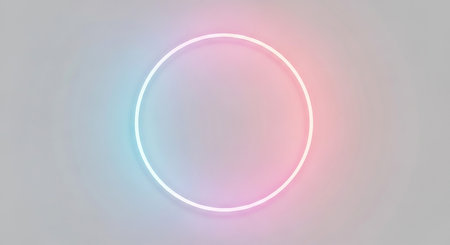 Glowing neon circle frame on a gray background. Neon light circle. Glowing neon circle.の素材