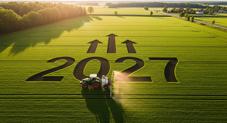 Tractor spraying pesticides on large field with new year 2021 numbers.の素材