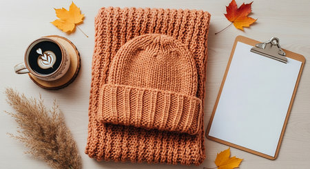 Cozy autumn composition. Cup of coffee, knitted hat, notebook, autumn leaves on a white wooden background.の素材