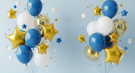 3d render of balloons with stars and confetti on blue backgroundの素材