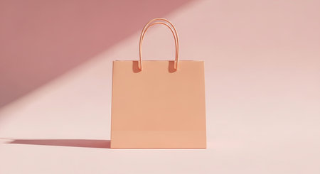 Orange paper shopping bag on pastel pink background. Minimal concept.の素材