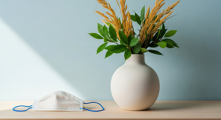 White vase with plant and medical mask on wooden table and blue wall backgroundの素材