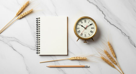 Blank notebook, pencil and alarm clock on white marble background.の素材