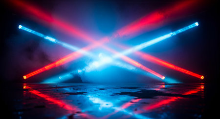 Dark street with neon lights, reflections on the water. Abstract dark background with neon lights, smoke, spotlights. Empty dark scene with neon light, spotlightsの素材