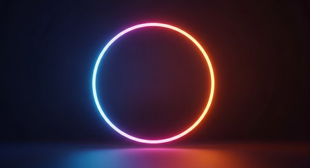 Neon circle. Glowing neon circle. Glowing circle on dark background. 3d renderingの素材