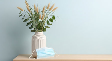Vase with plant and medical mask on table against blue wall.の素材
