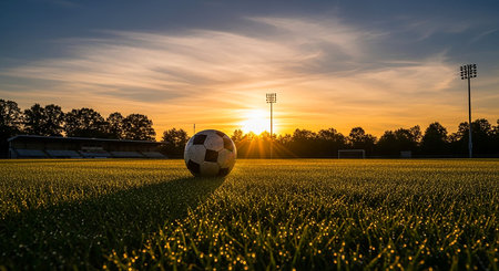 Soccer ball on the football field at sunset or sunrise. Soccer ball on a football fieldの素材
