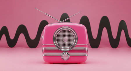 Retro pink radio with antenna on pink background. 3d renderingの素材