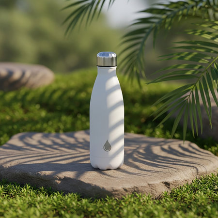 White plastic bottle on a green grass in the garden. 3d renderingの素材