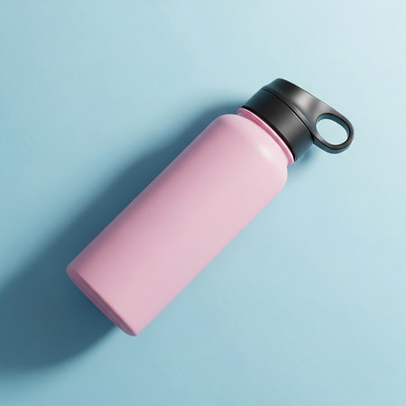 Pink water bottle on blue background. Top view. 3d renderingの素材