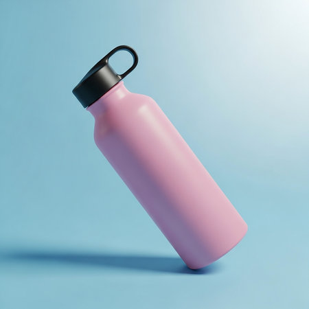 Pink plastic water bottle on blue background. 3d rendering mock upの素材