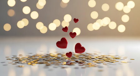 Red hearts on a white background with bokeh. 3d renderingの素材