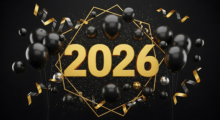 Happy New Year 2026 gold text on black background. 3D Renderingの素材