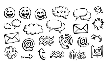Hand drawn doodle communication icons set. Vector illustration isolated on white background.の素材