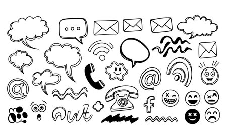 Hand drawn doodle communication icons set. Vector illustration isolated on white background.の素材