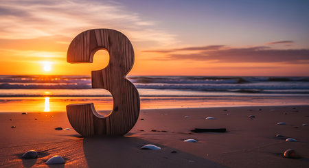 Wooden number three on the beach at sunset. 3D illustration.の素材