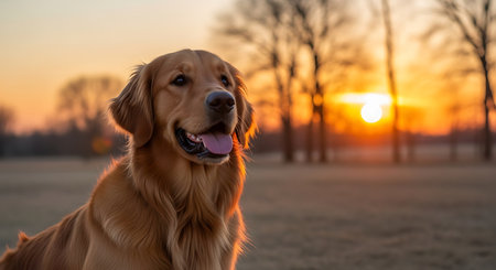 Golden Retriever in the park at sunset. Golden Retriever dog portrait.の素材