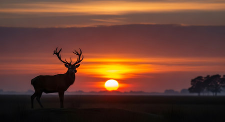 Silhouette of a red deer stag during sunrise in the morning.の素材