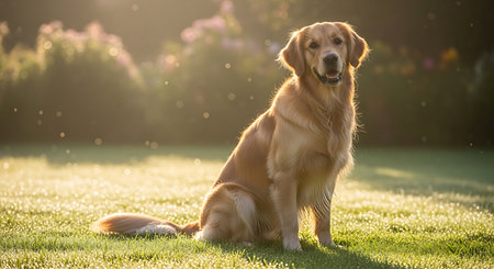 Golden Retriever sitting on the grass in the garden at sunsetの素材