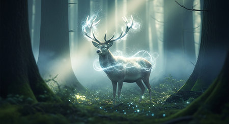 Deer in the forest. 3D rendering. Fantasy forest.の素材