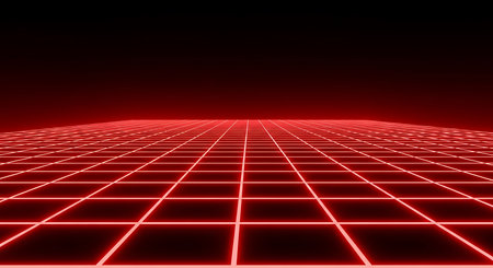 3D rendering of a red wireframe grid in a dark spaceの素材