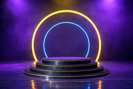 Abstract round podium illuminated with neon lights. Award ceremony concept. 3D Renderingの素材